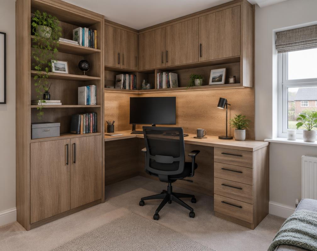 Corner home office desk with shelving and cupboards