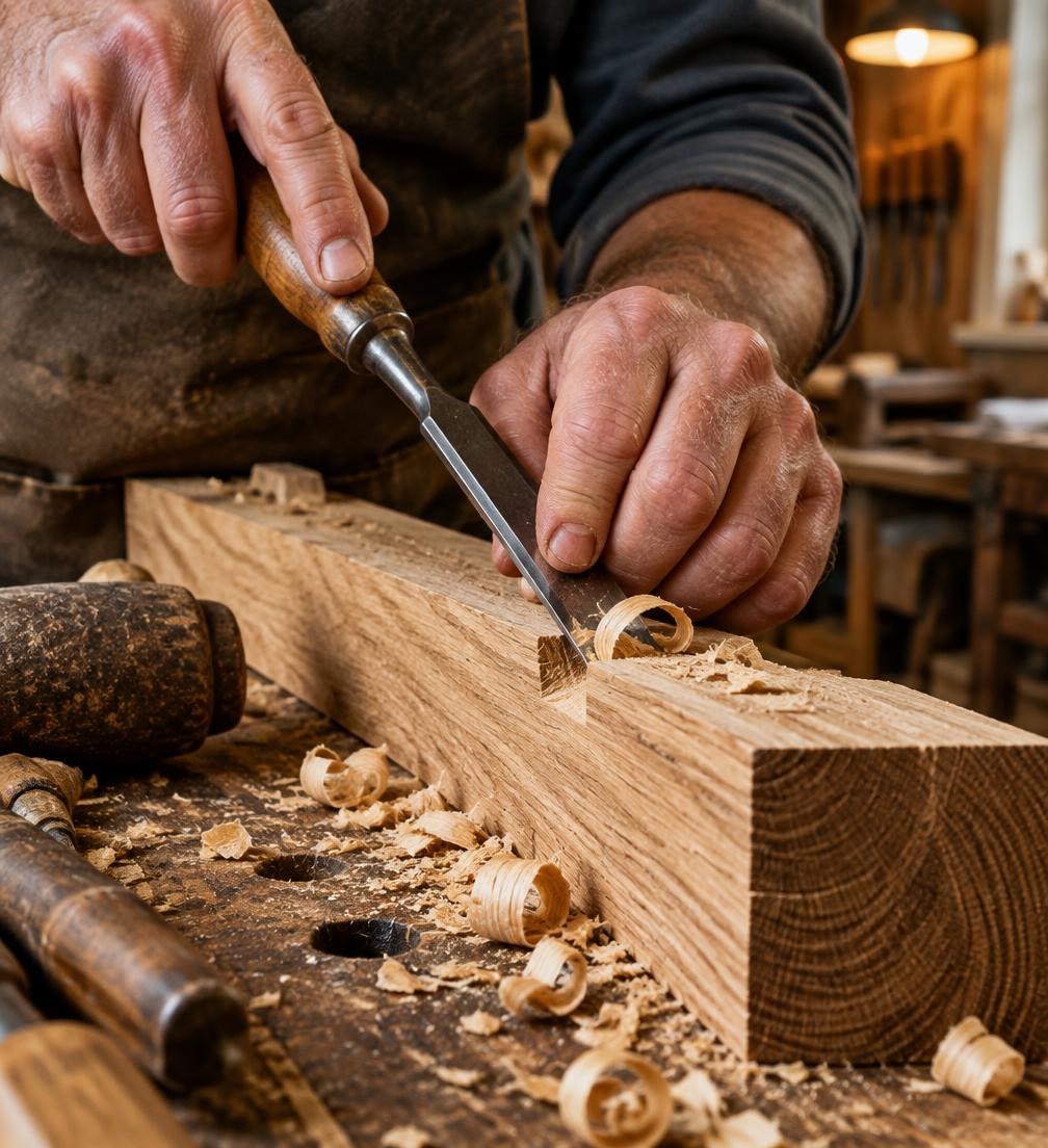 Hands chiselling a piece of oak on a workbench